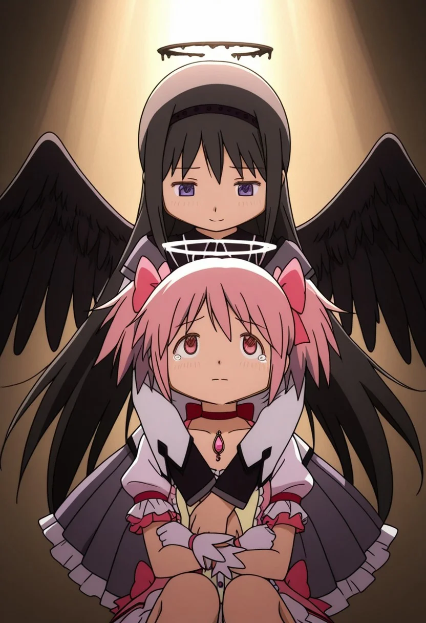 masterpiece, best quality, 2girls, homura akemi, long hair, hairband, magical girl, ribbon, purple eyes, standing, smile, behind, (hugging from behind:1.4), wings, black feathers, halo, broken halo, melting halo, dark halo, looking down, BREAK madoka kaname, short twintails, hair ribbon, magical girl, choker, brooch, red eyes, sitting, smile, tilting head, looking up, wings, white feathers, halo, white halo, (glowing halo:1.4), BREAK dark theme, bright background, dim light, god rays, (tears:1.4)