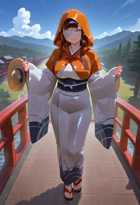 , , masterpiece, best quality, very aesthetic, absurdres, 
  shiny skin, thick black lineart, perfect face, 
1=2
1girl, bandage over one eye, blue sky, blunt bangs, blunt sidelocks, breasts, bridge, brown hair, center-flap bangs, closed mouth, cloud, day, full body, grey eyes, hands up, hat, holding unworn clothes, holding unworn hat, hood up, Japanese clothes, kimono, long hair, long sidelocks, long sleeves, looking at viewer, mountain, one eye covered, orange hood, outdoors, sandals, sidelocks, sky, sleeves past wrists, smile, solo, standing, straw hat, toes, tree, unworn hat, unworn headwear, very long sidelocks, white kimono, wide sleeves, zouri