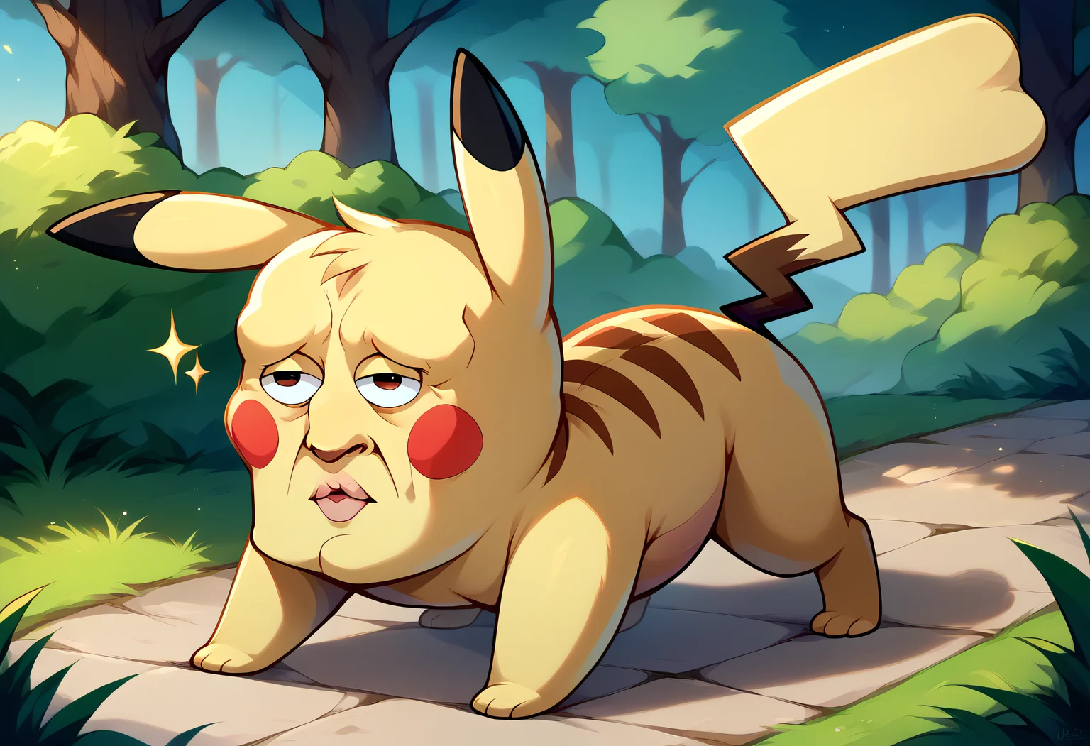 score_9, score_8_up, score_7_up, BREAK <lora:handsomize_x_pdxl_v1:1.3> handsomize, pikachu, yellow fur, creature, pokemon, full body, all fours, sparkle, outdoors