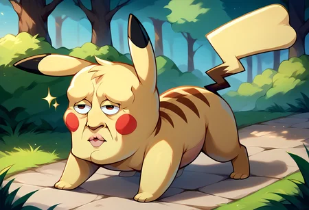 score_9, score_8_up, score_7_up, BREAK <lora:handsomize_x_pdxl_v1:1.3> handsomize, pikachu, yellow fur, creature, pokemon, full body, all fours, sparkle, outdoors