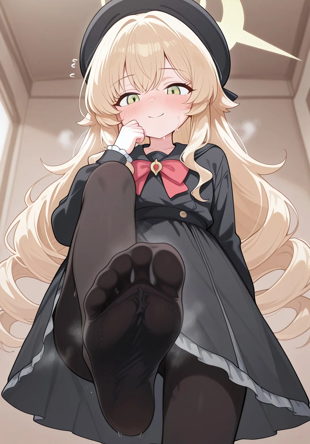 (best quality,8K, masterpiece：1.3),anime,very aesthetic, absurdres，featured ，finely detail，((extremely detailed)),illustration,Amazing,highres,intricate detail,female focus, (beautiful detailed girl)，

professor niyaniya (blue archive)，(black dress,beret,blonde hair,double-parted bangs,long sleeves,red bow,sidelocks,yellow halo,round cheeks,low cheekbone,chin curve, large anime eyes, emerald green eyes,black pantyhose:1.3)，

(twin drills: pale blonde gradient),(playful expression),dynamic pose,  soft ambient lighting, anime style,steaming feet,foot focus,soles,

dynamic pose, delicate facial features, soft lighting, clean lineart, anime style, (bluearchive_style:1.3),1girl,, (head slightly tilted:0.7), (innocent gaze),(shy anticipation), (delicate facial contours),playful smile,mesugaki,look at viewer,

(from below:0.7), (very wide shot:0.7),massive giantess, hot, horny,view from the floor, looming, steamy, musky, (sweat steam), sweaty, extremely sweaty, sweat clouds, (twitching, rubbing, motion lines, shaking:1),

giantess, clothing entrapment, size difference, outline of person in clothing,
sock entrapment, person outline in middle of sock, pantyhose entrapment, foot entrapment, person outline in middle of foot, person inbetween sock and foot clothing entrapment