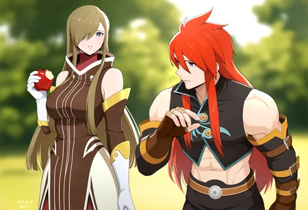 very awa, masterpiece, best quality, year 2024, newest, highres, absurdres, <lora:age_slider_v4:3> <lora:thicc_v1.4-pony:1.2>,detailed_background,outdoors,brown sleeves,dress,brown hair,fingerless gloves,straight hair,blue eyes,white jacket,high collar,pants,blush,tear grants,detached sleeves,blurry,komegura,jacket,gloves,fruit,abs,holding food,hair between eyes,sidelocks,red hair,1boy,dated,blurry background,medium breasts,brown gloves,long hair,apple,holding,sleeveless,short hair,1girl,green eyes,white gloves,tales of the abyss,black pants,closed mouth,shirt,outdoors,holding fruit,black shirt,sleeveless dress,breasts,luke fon fabre,looking at another,brown dress,cowboy shot,parted lips,tales of \(series\),food,cropped shirt
