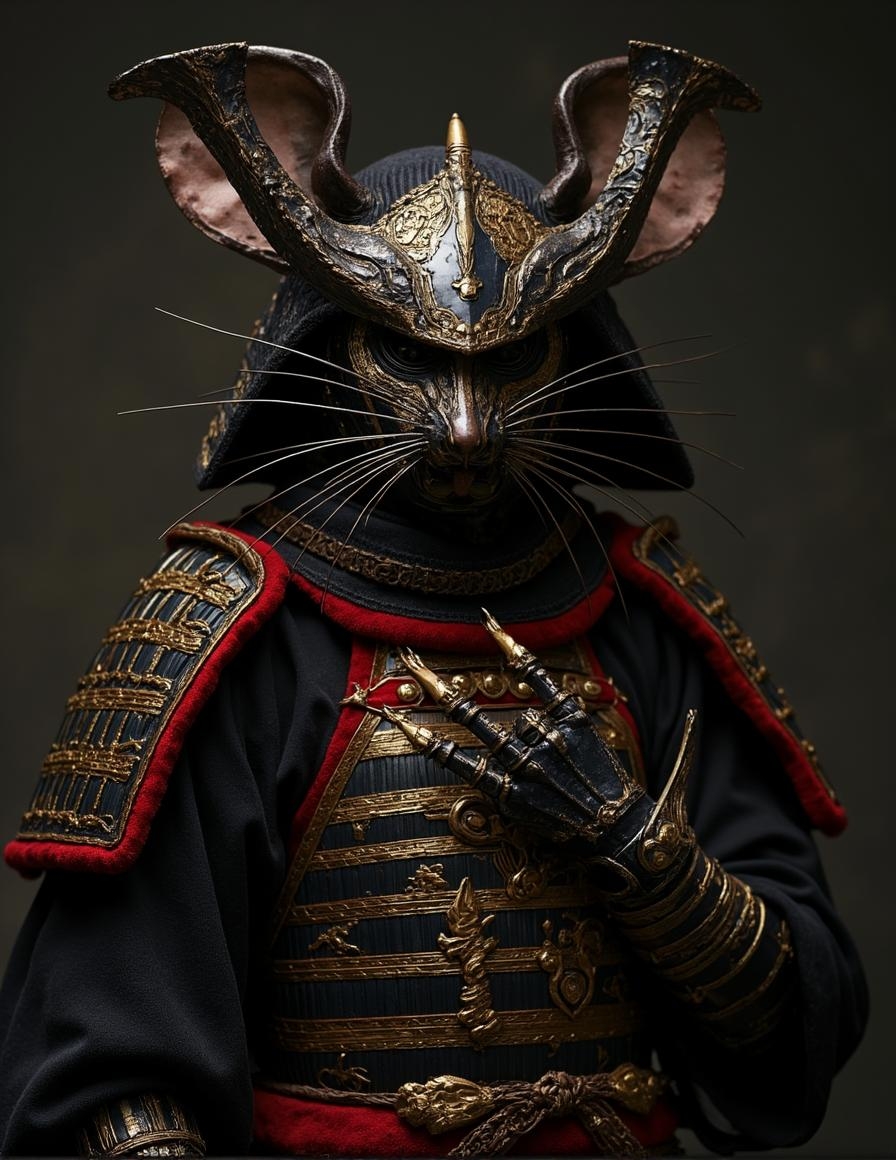 <lora:Dark_Fantasy_Anime-000021.safetensors:1> insect-like, mystical, twisted and dark, exuding power and mystique. The overall composition is a masterful blend of fantasy and style, inviting the viewer to ponder the story behind this enigmatic creation.
This exquisite cosplay armor boasts a full-body mouse mask seamlessly integrated with intricately designed samurai armor adorned with gold accents and red velvet trim. Handcrafted with meticulous attention to detail, this unique piece features ornate decorations, lifelike whiskers, and delicate finger details. Perfect for conventions, themed events, or photo shoots, it is an unparalleled creation that redefines the art of cosplay.