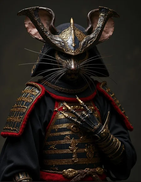 <lora:Dark_Fantasy_Anime-000021.safetensors:1> insect-like, mystical, twisted and dark, exuding power and mystique. The overall composition is a masterful blend of fantasy and style, inviting the viewer to ponder the story behind this enigmatic creation.
This exquisite cosplay armor boasts a full-body mouse mask seamlessly integrated with intricately designed samurai armor adorned with gold accents and red velvet trim. Handcrafted with meticulous attention to detail, this unique piece features ornate decorations, lifelike whiskers, and delicate finger details. Perfect for conventions, themed events, or photo shoots, it is an unparalleled creation that redefines the art of cosplay.