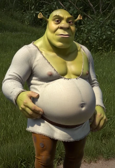 Shrek, green skin, pregnant, shirtless