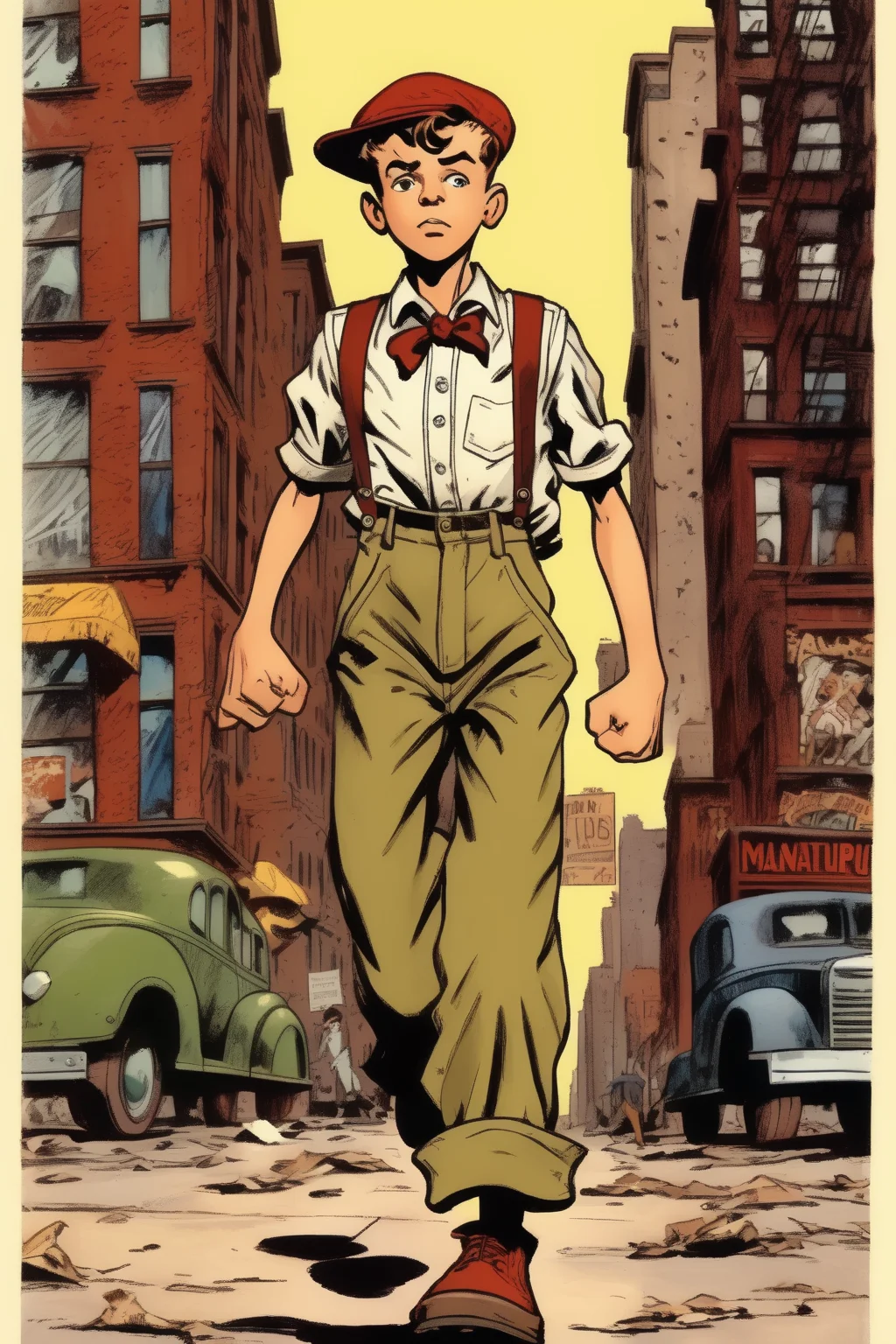 <lora:Will Eisner Style:1>Will Eisner Style - 13 year old boy walking around 1930s new york wearing rags. action pose. holding a widget. marvel comic style