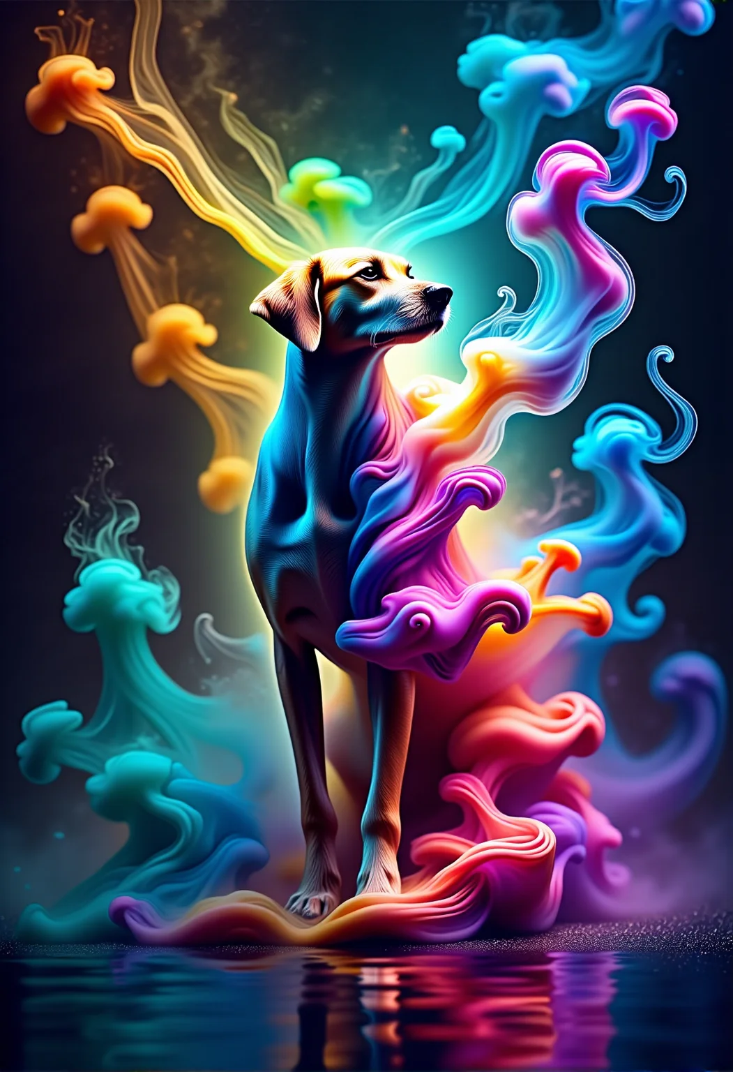 bv-smowormor. A majestic dog, its body partially dissolving into delicate wisps of smoke, creating intricate swirling patterns as it moves, a mesmerizing fusion of wild motion and ephemeral grace, with colored smoke reflecting the vibrant neon lights of a cityscape The scene is captured with a dynamic, low-angle perspective where the flow of smoke seems almost alive, adding a sense of movement and otherworldly energy. The lighting is designed to create an enchanting, dreamlike glow with soft, diffused highlights accentuating the smoke transitions. The scene features reflective surfaces, like water or glass, that enhance the transformation by bouncing light off the smoke, amplifying its surreal quality. The style is a hyper-detailed digital painting, focusing on the smooth transitions and ethereal textures of smoke. , <lora:bv-smoke-world-morph-1-0.safetensors:1.0:1.0>