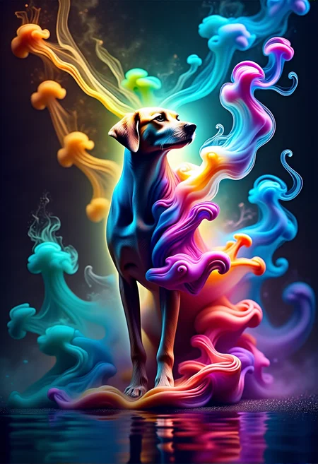bv-smowormor. A majestic dog, its body partially dissolving into delicate wisps of smoke, creating intricate swirling patterns as it moves, a mesmerizing fusion of wild motion and ephemeral grace, with colored smoke reflecting the vibrant neon lights of a cityscape The scene is captured with a dynamic, low-angle perspective where the flow of smoke seems almost alive, adding a sense of movement and otherworldly energy. The lighting is designed to create an enchanting, dreamlike glow with soft, diffused highlights accentuating the smoke transitions. The scene features reflective surfaces, like water or glass, that enhance the transformation by bouncing light off the smoke, amplifying its surreal quality. The style is a hyper-detailed digital painting, focusing on the smooth transitions and ethereal textures of smoke. , <lora:bv-smoke-world-morph-1-0.safetensors:1.0:1.0>