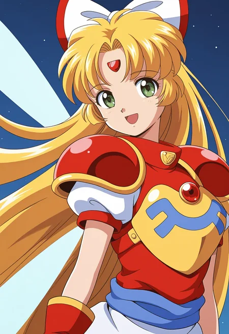 TwiSprAdu, 1girl, solo, upper body,
dutch angle, standing, night, sky, looking at viewer, fairy wings,
blonde hair, very long hair, hair bow, white bow, parted bangs, forehead mark, green eyes, breasts, smile, open mouth,
red dress, shoulder armor, pauldrons, short sleeves, red gloves,
best quality,amazing quality,very aesthetic,absurdres
<lora:TwiSprAdu:1>