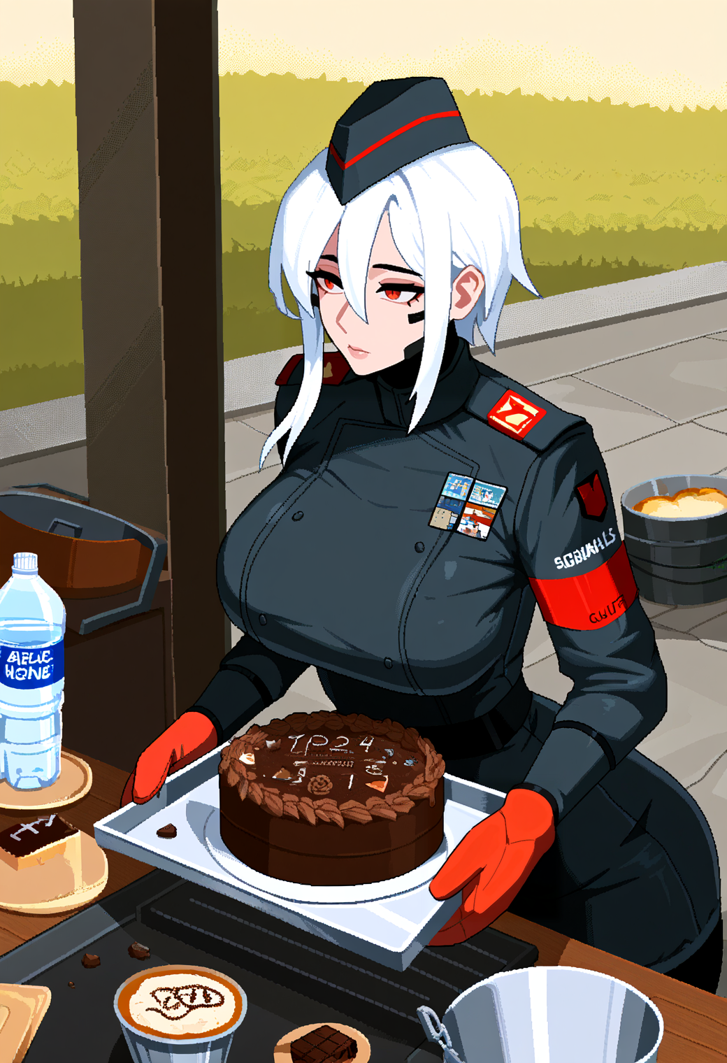 very awa, masterpiece, best quality, year 2024, newest, highres, absurdres, <lora:age_slider_v4:3> <lora:thicc_v1.4-pony:1.2>,detailed_background,outdoors,penrose triangle,holding tray,red eyes,hat,highres,food,oven mitts,sidelocks,water bottle,signalis,cooking,chocolate cake,field ration,jacket,pixel art,cake,solo,holding,ariane yeong,cugu00,1girl,white hair,bottle,bucket,tray,military uniform,garrison cap,black jacket