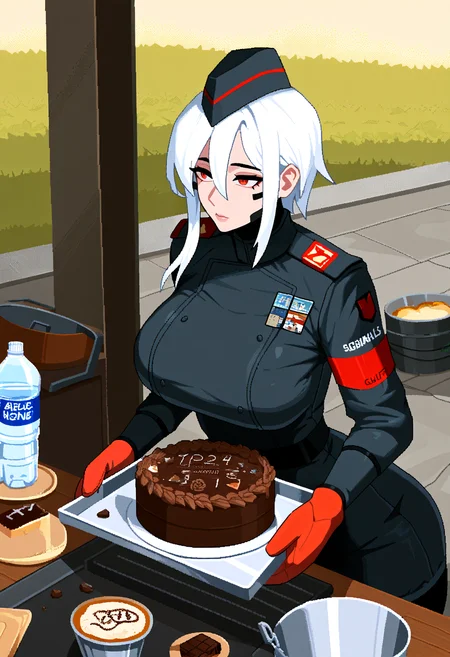 very awa, masterpiece, best quality, year 2024, newest, highres, absurdres, <lora:age_slider_v4:3> <lora:thicc_v1.4-pony:1.2>,detailed_background,outdoors,penrose triangle,holding tray,red eyes,hat,highres,food,oven mitts,sidelocks,water bottle,signalis,cooking,chocolate cake,field ration,jacket,pixel art,cake,solo,holding,ariane yeong,cugu00,1girl,white hair,bottle,bucket,tray,military uniform,garrison cap,black jacket