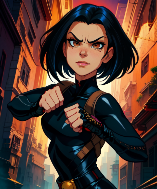 Jade, short black hair, brown eyes, fighting stance, smug expression, upper body, closed fists, solo,
JaBSuit, black fingerless gloves, (black bodysuit), black belt, straps,
 cartoon Hong Kong,  mature,  nighttime, 
 (insanely detailed, beautiful detailed face, masterpiece, best quality) cinematic lighting, anime, 
 <lora:Jade-10v2:0.8>