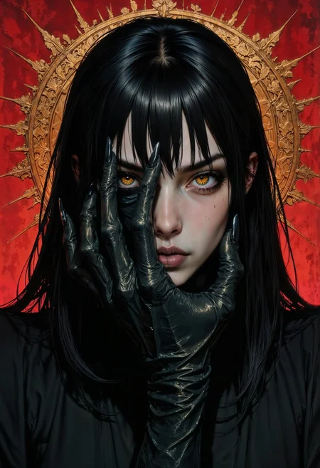 a highly detailed, dark, and eerie digital artwork depicting a young woman with an unsettling and mysterious aura. She has long, straight, black hair that is wet, giving it a glossy and slick texture. Her skin is pale, almost porcelain-like, and she has sharp, angular features with high cheekbones and full lips painted in a muted, almost greyish hue. Her eyes are strikingly large and golden, with an unnatural, glowing quality that adds to the supernatural feel of the piece. One of her eyes is covered by a long, black, claw-like glove that extends from her hand, which she is holding up to her face in a gesture that seems both defensive and confrontational. The glove is detailed with a leathery texture, and the fingers appear to be razor-sharp.
The background is a solid, deep red color with a golden, ornate circular design behind her head, adding a sense of divinity or otherworldliness. The red and gold contrast sharply with the dark tones of her hair and glove, making her the focal point of the image. The overall mood of the artwork is haunting and enigmatic, with a gothic, horror aesthetic.
