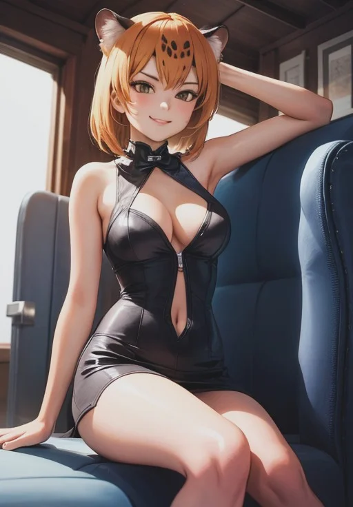 <lora:Jaguar:0.8>, Jaguar,1girl, solo, smirk, sitting,, (acclaimed, alluring, captivating, exciting, gorgeous, striking:1.3)