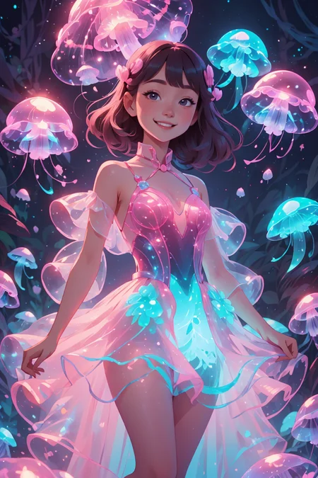breathtaking 8k,masterpiece,adorable chibi jellyfish girl,pink bioluminescent dress,<lora:bioluminescent_dress-1.0:0.8>,short dress,wide skirt,cute,big smile,