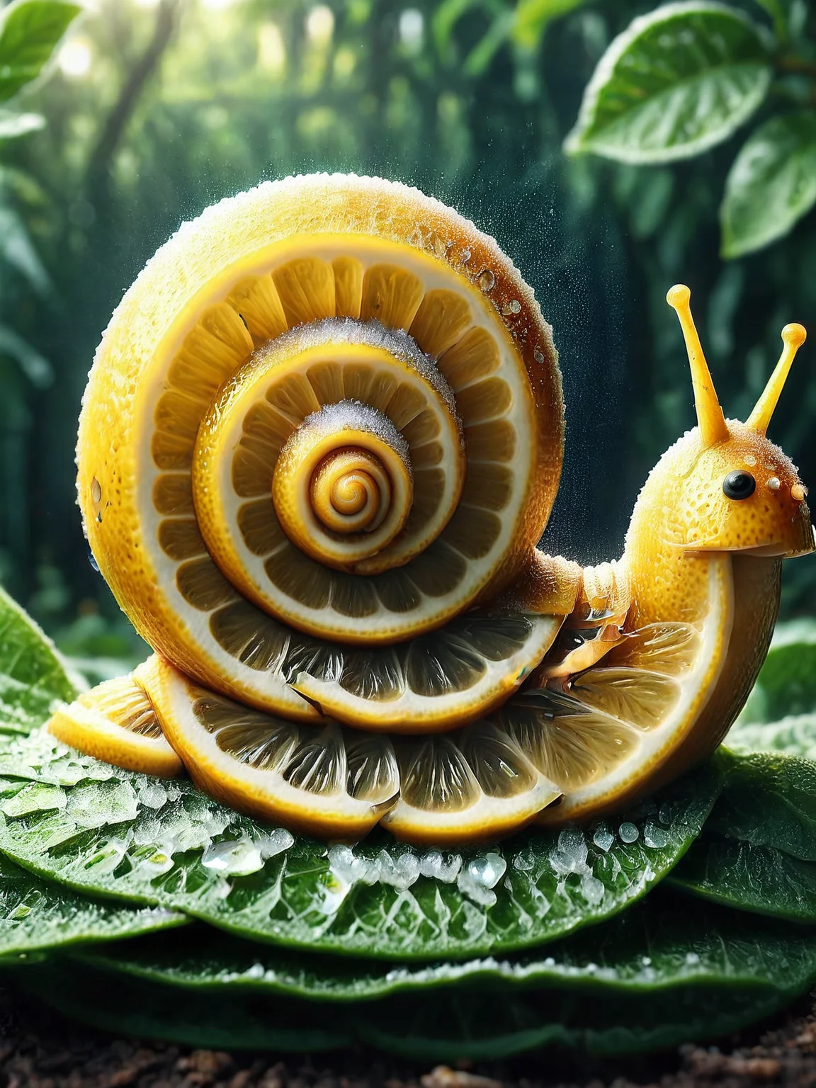 An ais-lmnsgr snail leaving a glistening trail across a dewy leaf <lora:ais-lmnsgr-sdxl:1>