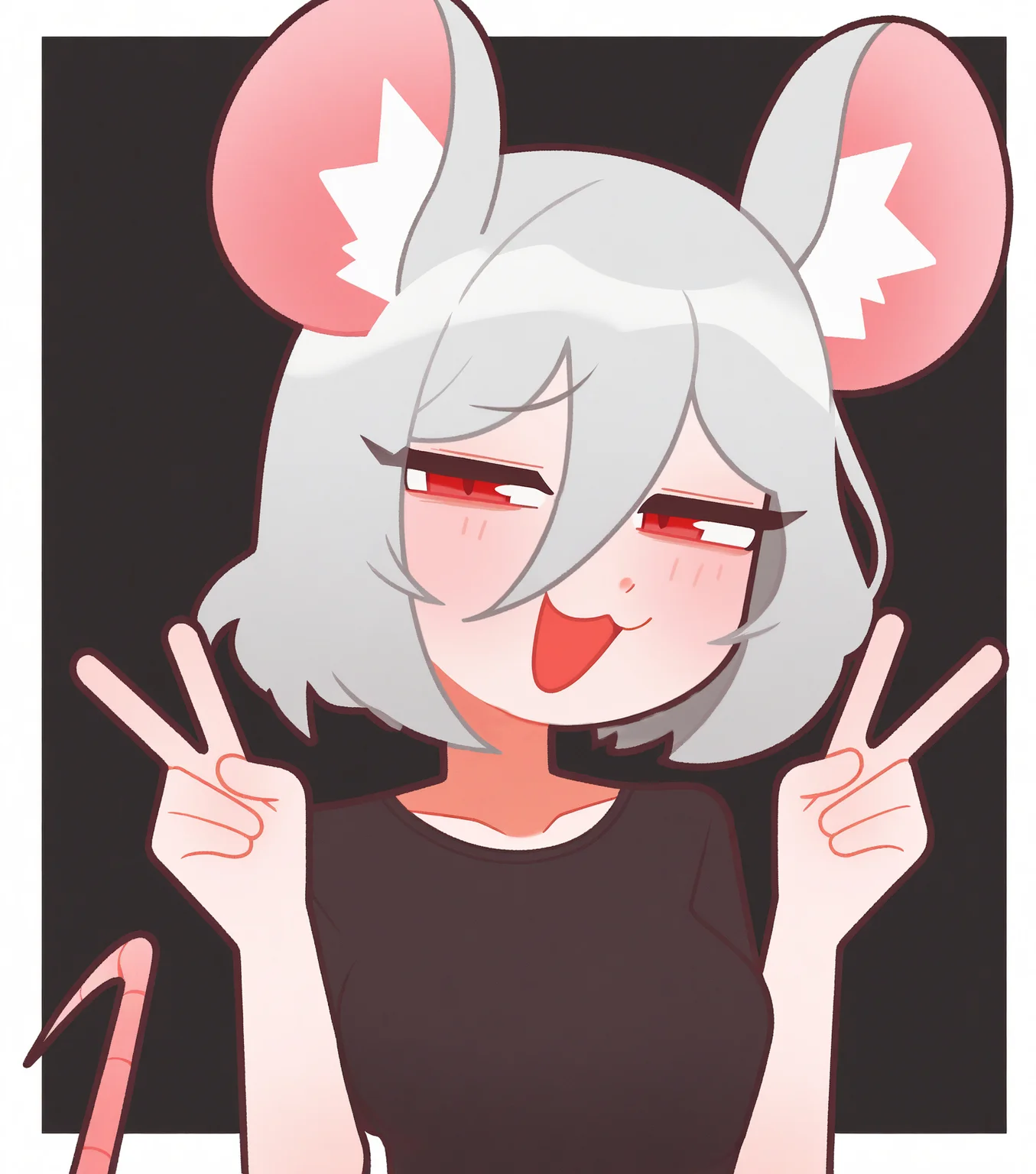 masterpiece, best quality, good quality, simple background, black background, white border, outside border, upper body, looking at viewer, red eyes, grey hair, hair between eyes, open mouth, smile, smug, narrowed eyes, :3, solo, 1girl, bob cut, mouse girl, mouse ears, mouse tail, animal ear fluff, medium breasts, black t-shirt, hands up, double v