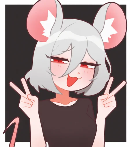masterpiece, best quality, good quality, simple background, black background, white border, outside border, upper body, looking at viewer, red eyes, grey hair, hair between eyes, open mouth, smile, smug, narrowed eyes, :3, solo, 1girl, bob cut, mouse girl, mouse ears, mouse tail, animal ear fluff, medium breasts, black t-shirt, hands up, double v