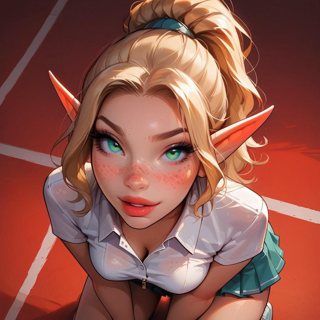 score_9, score_8_up, score_8_up, volumetric lighting, eye detail, face detail, high definition eyes, 
from above, 
1girl, sexy elf girl, captivating beauty, freckles, detailed eyes, fiery eyes, medium breasts, perfect ass, smooth skin, small_hands, petite_hands, 
blonde hair, ponytail, green eyes, 
BREAK
1girl, solo, kneeling, 
naughty smirk, looking up, looking at viewer, 
polo shirt, tennis skirt, tennis balls, 
1boy /(standing)/, large penis, unzipped pants, deepthroat, 
BREAK
detailed background, vibrant colours, tennis court,