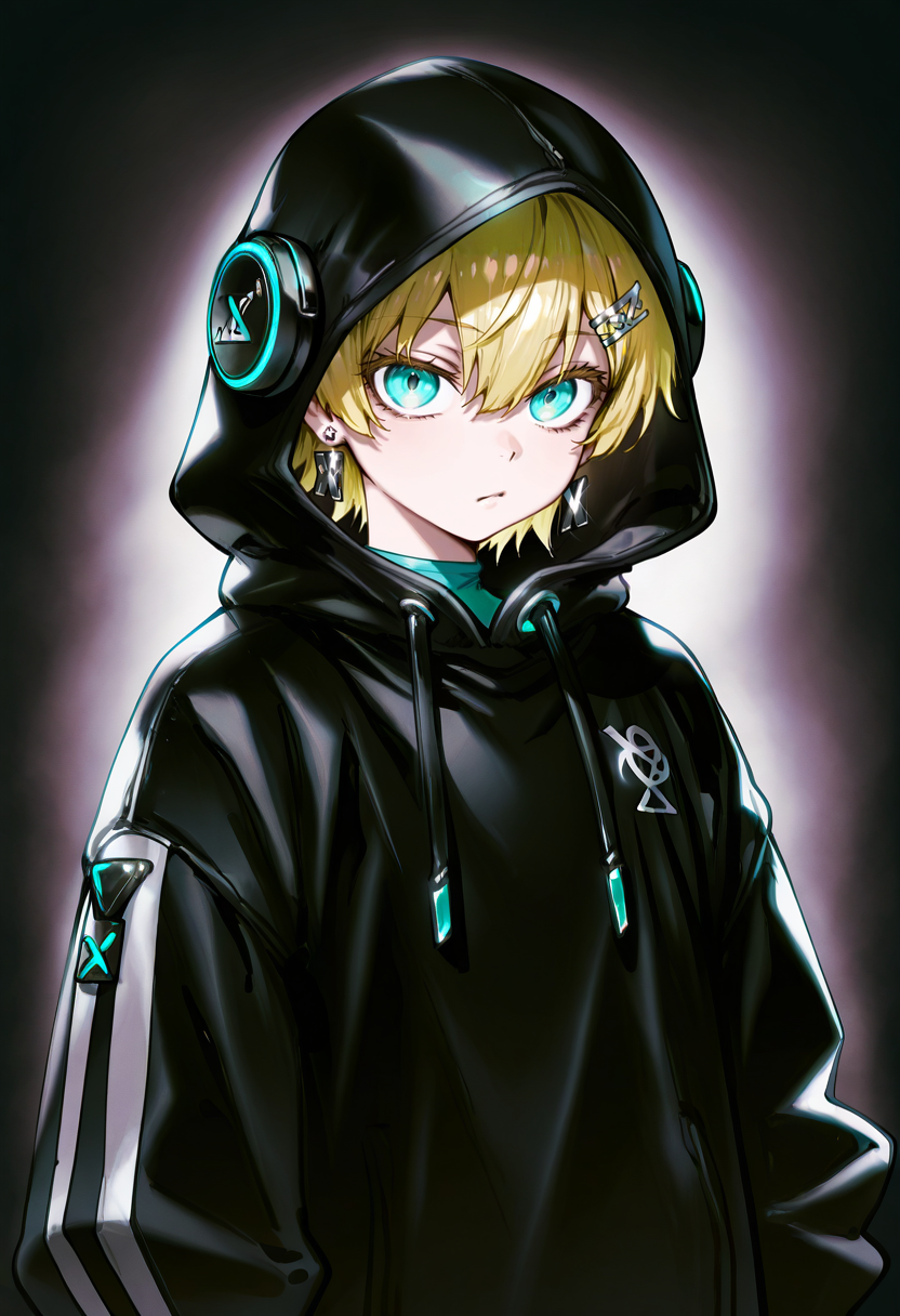 1boy aqua_eyes black_hood blonde_hair closed_mouth ear_piercing earrings hair_between_eyes hair_ornament hairclip headphones hood hood_up jewelry long_sleeves piercing short_hair solo x_hair_ornament
, <lora:thegoldensmurfIL:1>, masterpiece, best quality, amazing quality, absurdres, high quality, highres