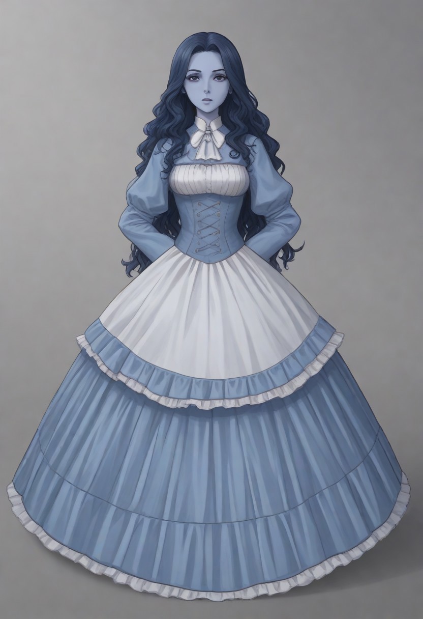 1 girl, frankelda, 1 girl, blue hair, long hair, curly hair, blue skin, striped longsocks, victorian dress