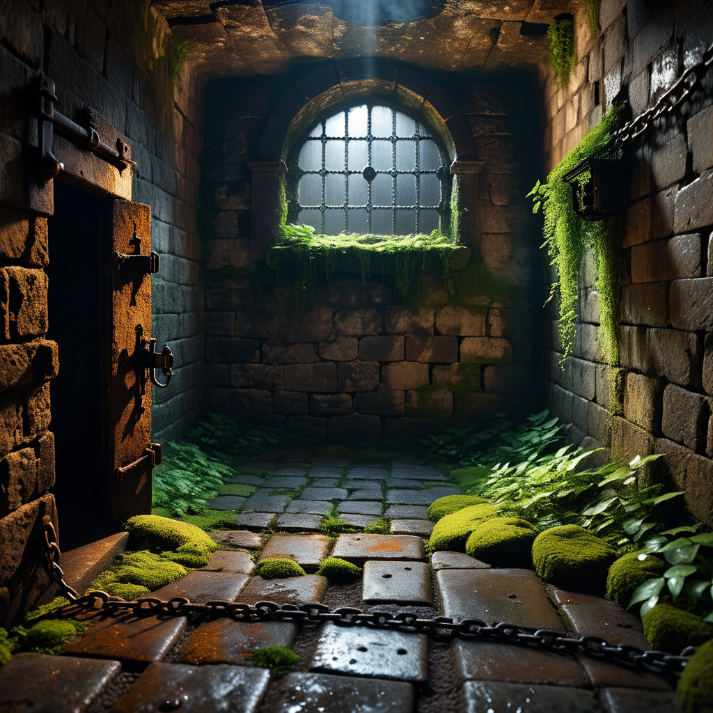 A dark and grim medieval castle dungeon, designed for imprisoning captives. The walls are made of aged, damp stone bricks, cracked and worn with time, with patches of moss and moisture seeping through. The small, claustrophobic space is lit by a single flickering torch mounted on the wall, casting long, eerie shadows across the room. Rusted iron bars form a heavy prison door with a corroded lock and hinges, partially ajar or firmly shut. The floor is rough, uneven stone, covered in dirt and faint stains, hinting at years of suffering. Chains hang loosely from rusted hooks embedded in the walls, their metal corroded and worn. In one corner, a small, grated window lets in a thin sliver of cold, pale light, emphasizing the dungeon's oppressive and hopeless atmosphere. The air feels damp, stale, and heavy with silence, evoking a chilling sense of isolation and despair.
<lora:SDXLFaeTastic2400:0.4> <lora:extremely_detailed:0.4> extremely detailed, Masterpiece,best quality,hi res,8k,hi res,8k,award winning,(sharp focus, intricate, highly detailed),