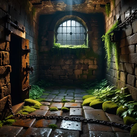 A dark and grim medieval castle dungeon, designed for imprisoning captives. The walls are made of aged, damp stone bricks, cracked and worn with time, with patches of moss and moisture seeping through. The small, claustrophobic space is lit by a single flickering torch mounted on the wall, casting long, eerie shadows across the room. Rusted iron bars form a heavy prison door with a corroded lock and hinges, partially ajar or firmly shut. The floor is rough, uneven stone, covered in dirt and faint stains, hinting at years of suffering. Chains hang loosely from rusted hooks embedded in the walls, their metal corroded and worn. In one corner, a small, grated window lets in a thin sliver of cold, pale light, emphasizing the dungeon's oppressive and hopeless atmosphere. The air feels damp, stale, and heavy with silence, evoking a chilling sense of isolation and despair.
<lora:SDXLFaeTastic2400:0.4> <lora:extremely_detailed:0.4> extremely detailed, Masterpiece,best quality,hi res,8k,hi res,8k,award winning,(sharp focus, intricate, highly detailed),