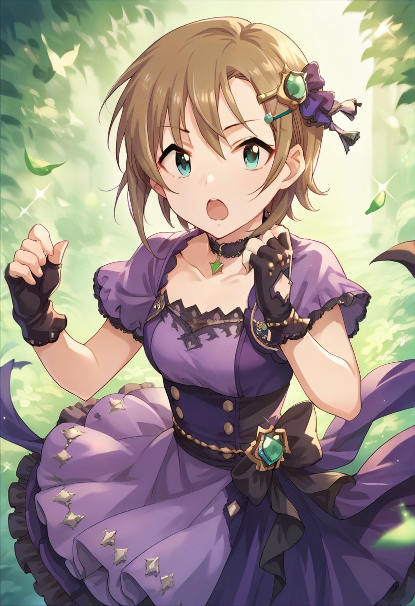 score_9, score_8_up, score_7_up, source_anime,tada riina, short hair, brown hair, green eyes, 1girl, gloves, fingerless gloves, solo, hair ornament, jewelry, dress, open mouth, choker, purple dress
