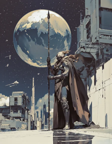 Art by Piotr JabÅoÅski. A dramatic digital illustration shoot from a low-angle perspective about a humanoid figure standing with a spear in front of a large, glowing planet in a starry night sky. the image also shows a dramatic scene with a large sphere floating above the figure. on the middle of the image, a muscular, humanoid figure with long, flowing hair appears to be standing, holding a spear, facing away from the viewer. the figure is wearing a long, dark cloak and has a determined expression on its face. it is standing on a reflective surface, surrounded by a dark, starry sky with a few clouds and distant spacecrafts in the distance. the scene is set in a futuristic cityscape with metallic structures and a distant planet in the background. the lighting is dramatic, casting shadows and highlights on the figure and the surrounding environment. the overall atmosphere is dark and moody, with a focus on the character and the planet.