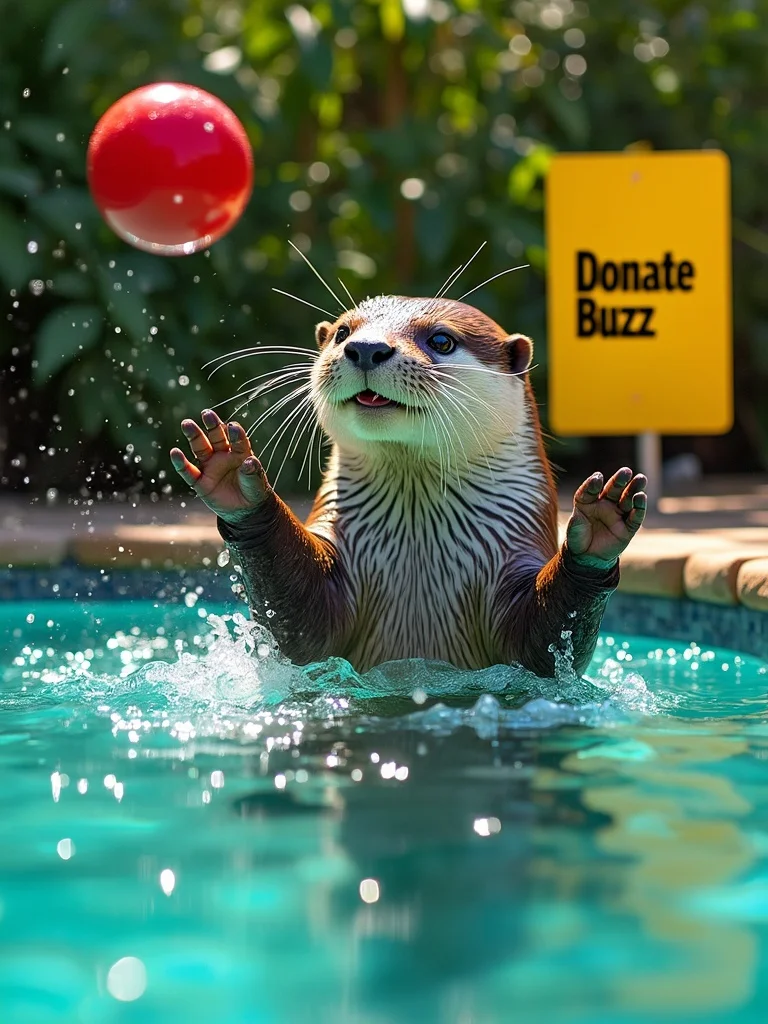 Playful otter splashing in a vibrant turquoise pool, tossing a bright red rubber ball. Sunlight gleams off the water, creating sparkling highlights. Lush green plants surround the pool's edge. A bold yellow placard with crisp black text reading "Donate Buzz" stands prominently beside the pool. Vivid colors, high contrast, sharp details, joyful atmosphere