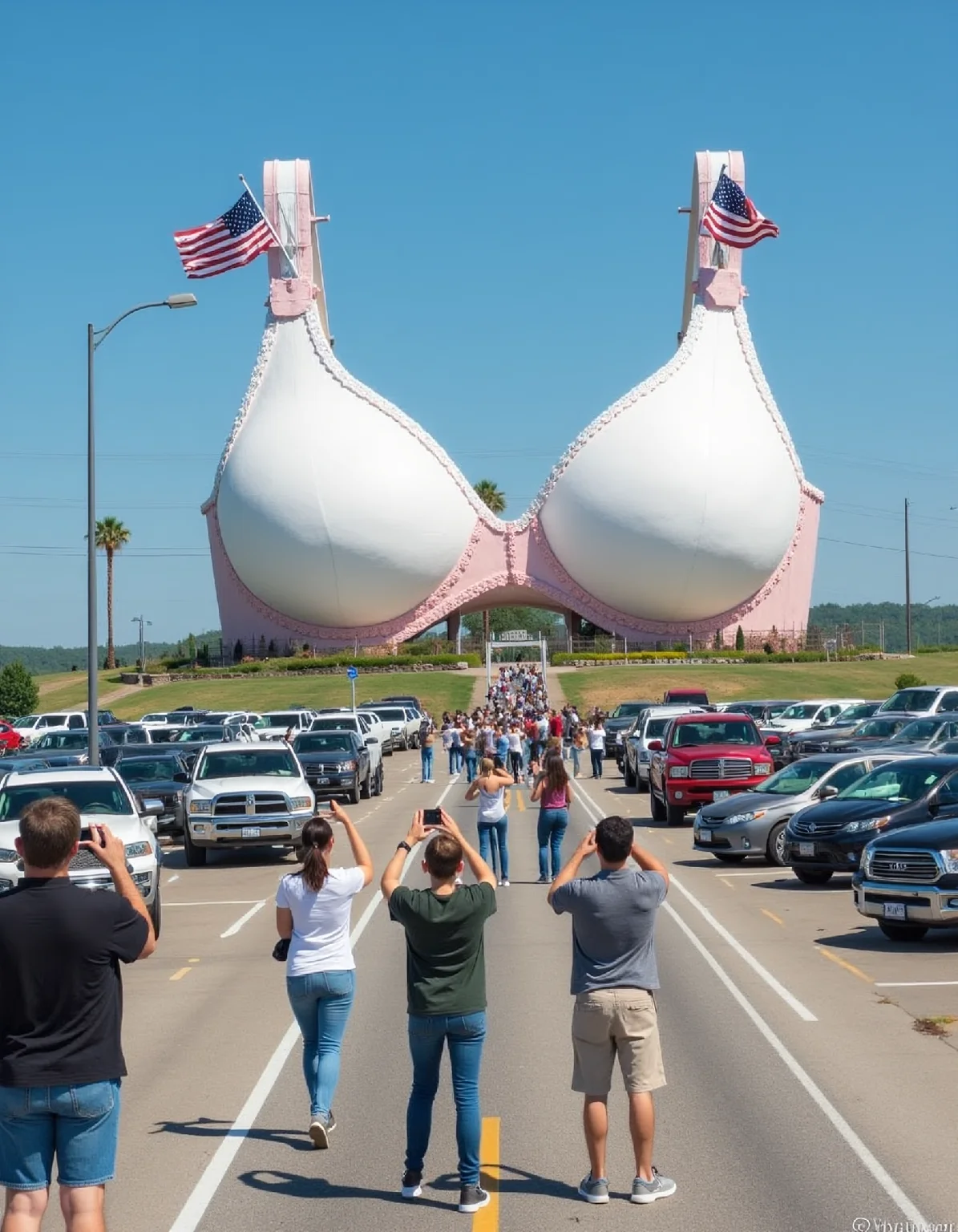 Photo depicting a surreal scene at a "world's largest bra" roadside attraction, along with people taking photos of it and cars parked near it.