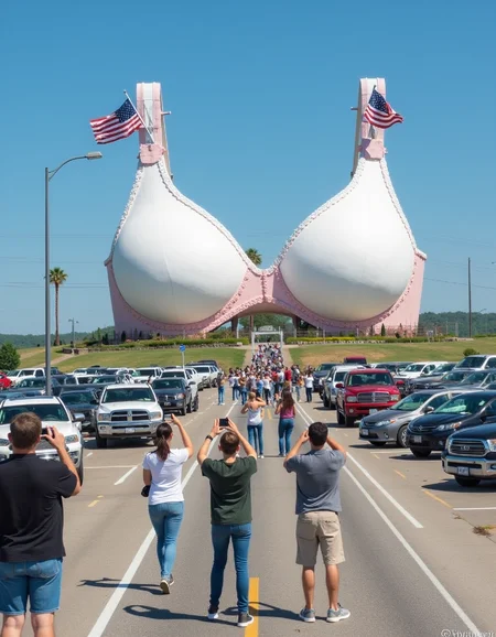 Photo depicting a surreal scene at a "world's largest bra" roadside attraction, along with people taking photos of it and cars parked near it.