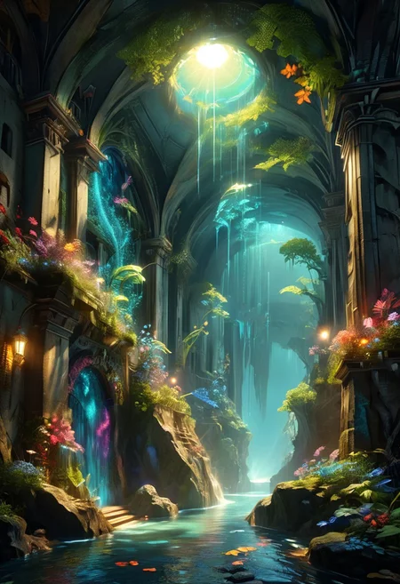 An establishing shot inside a ruined cathedral, with focus on an extremely detailed panoramic background view of a cavernous hall and of towering flying buttresses, ornate post-apocalyptic dwellings, glowing runes, exotic drooping bioluminescent vegetation, water flowing down stone steps, dripping water catching the light, glistening embedded gemstones, thick mist in the foreground, shafts of light, well-defined crepuscular rays, and a high ceiling in foreground with hanging ornaments and plant life. An artiangel can be seen in the foreground. Intriguing awe-inspiring stunning mysterious epic magical fantasy scene. Semirealistic, mixed media, ultra-detailed, ray-traced, award-winning, light leaks, cinematic bloom, dreamy tone, volumetric light scattering, subsurface scattering, visual flow, deep depth of field, colorful, complementary colors, color graded, Anamorphic, sci-fi, lens-flare, ral-exposure