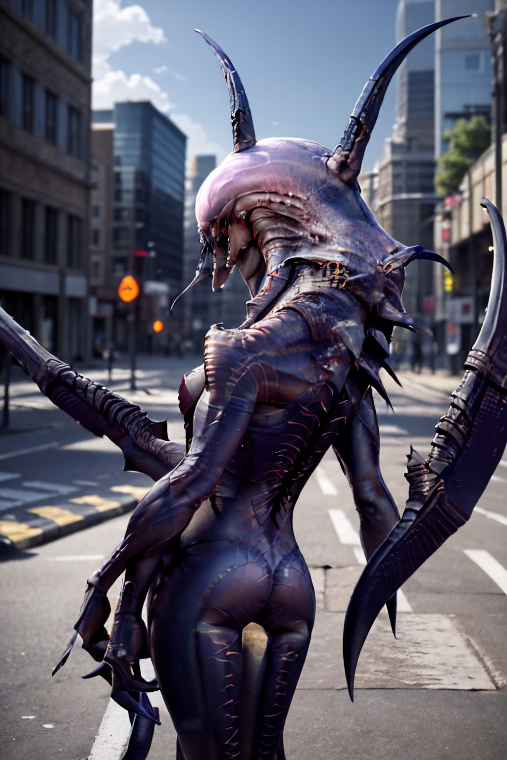 EdobWraithMonsterEvolve, sharp teeth, claws, tentacles, monster, scythe, alien, demon, horror (theme), blade, view from back, city street background (realistic:1.5), <lora:EdobWraithMonsterEvolve_v1.0:1>