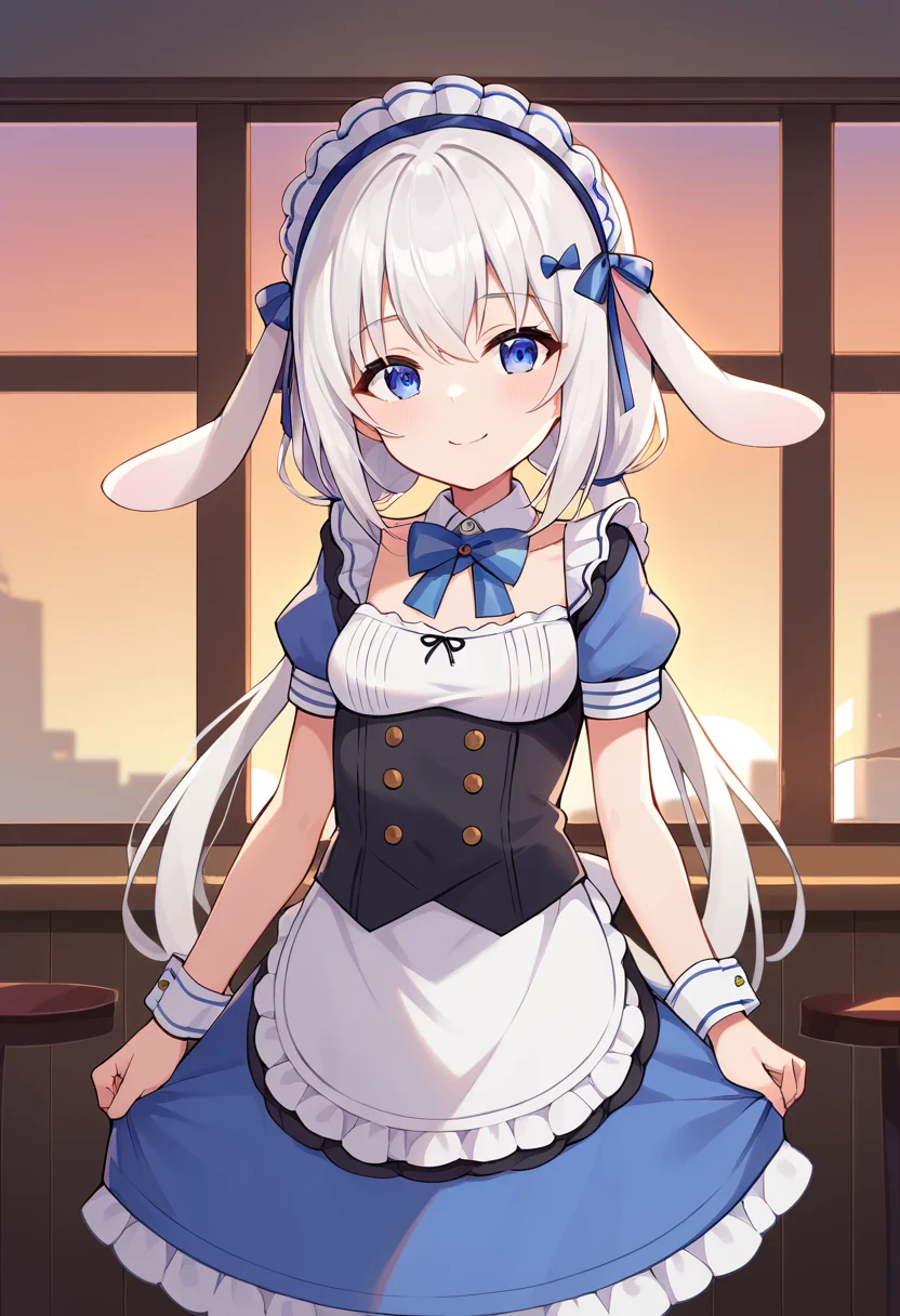 <lora:TenshiNano:1> angel nano, maid headdress, animal ears, blue eyes, rabbit ears, maid, long hair, white hair, twintails, smile, small breasts, cafe, sunset, window,, score_9, score_8_up, score_7_up, source_anime,