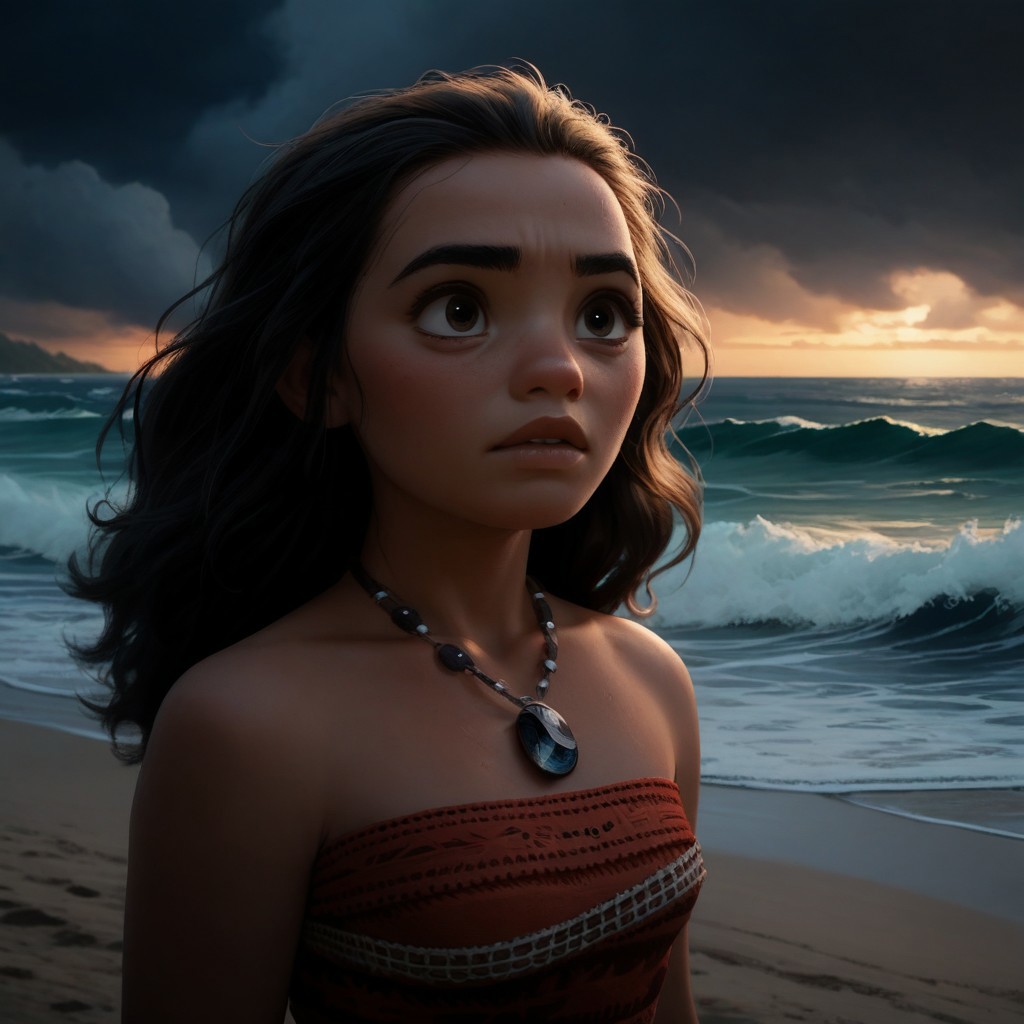 score_9, score_8_up, score_7_up, score_6_up, score_5_up, score_4_up, MoanaM, standing on the beach, stormy weather, dark sky, waves, portrait, necklace