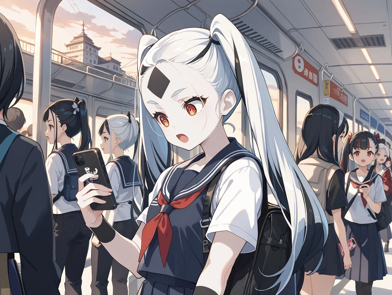 score_max, (score_9, score_8_up, score_7_up:1.2), score_6_up, official art, source_anime,
anime screencap, masterpiece, absurdres, high detail, 8k,
train, sunset, over 5girls multiple girls, girls crowd, cowboy shot,
standing, holding smartphone, looking down, expressionless, open mouth, :d,
nymph, (white skin:1.4), twintails, long hair, two-tone hair, white hair, black hair, forehead, bodypaint, striped, serafuku,
<lora:XL_Pony_MGCM-nymph-t1:1.2>