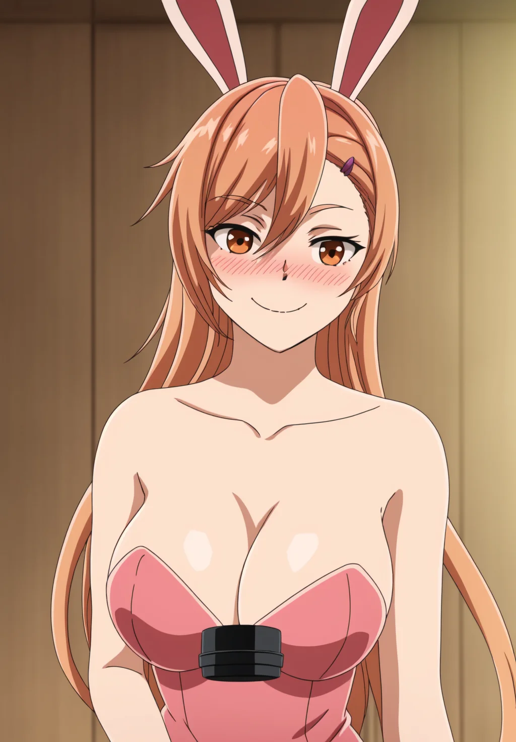 <lora:siluril:0.8>, siluril, 1girl, solo, looking at viewer, blush, smile, bangs, bow, animal ears, cleavage, hair between eyes, bare shoulders, brown eyes, medium breasts, very long hair, closed mouth, collarbone, indoors, rabbit ears, leotard, strapless, fake animal ears, playboy bunny, strapless leotard, mug