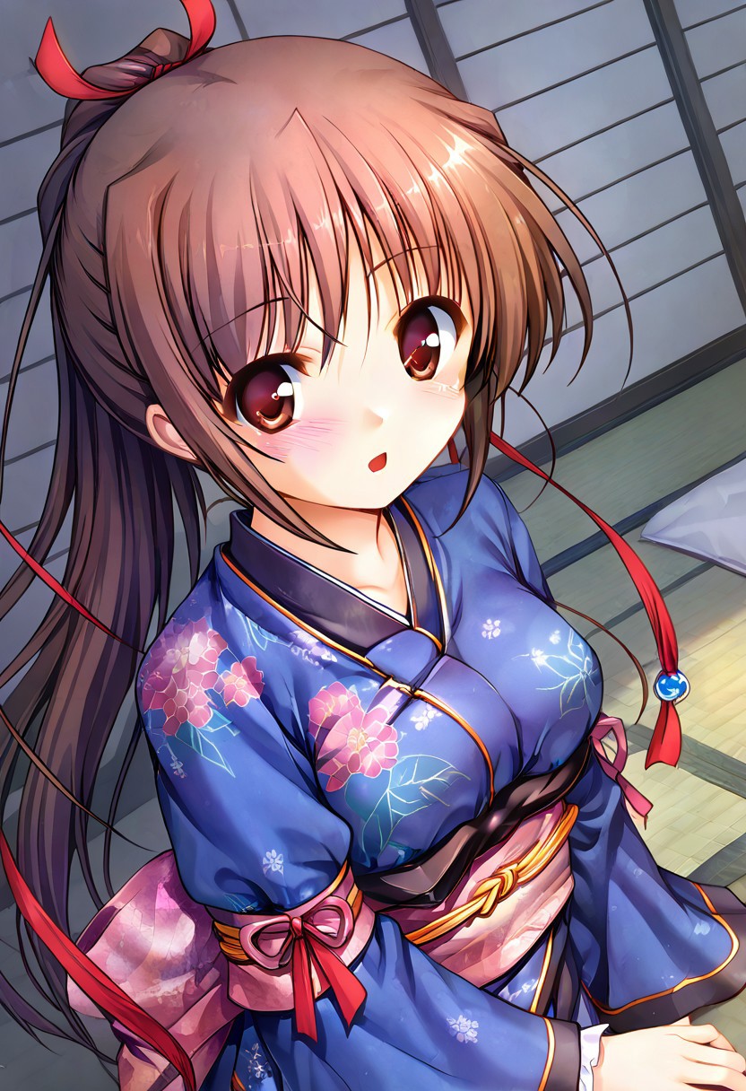 score_9,score_8_up,score_7_up,masterpiece,best quality,absurdres,source_anime,game cg,zPDXL3,1girl,solo,sakuraba tamamo,1girl,solo,red eyes,brown eyes,black hair,brown hair,long hair,ponytail,ribbon,hair ribbon,red ribbon,japanese clothes,kimono,blue kimono,long sleeves,obi,sash,floral print,