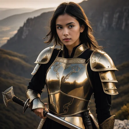 a (documentary photography:1.2) photo of beautiful pensative young slim brunette girl with middle black bob hair with ponytail,((wearing a huge golden gothic armor holding a large sword)), standing with a sword, upper body framing, on the Mountain edge of a cliff on the background, edge lighting, from a low angle , shot on Hasselblad X1D II, (in style of Paul Barson:1.4),dslr, 8k, 4k, ultrarealistic, realistic, natural skin, textured skin