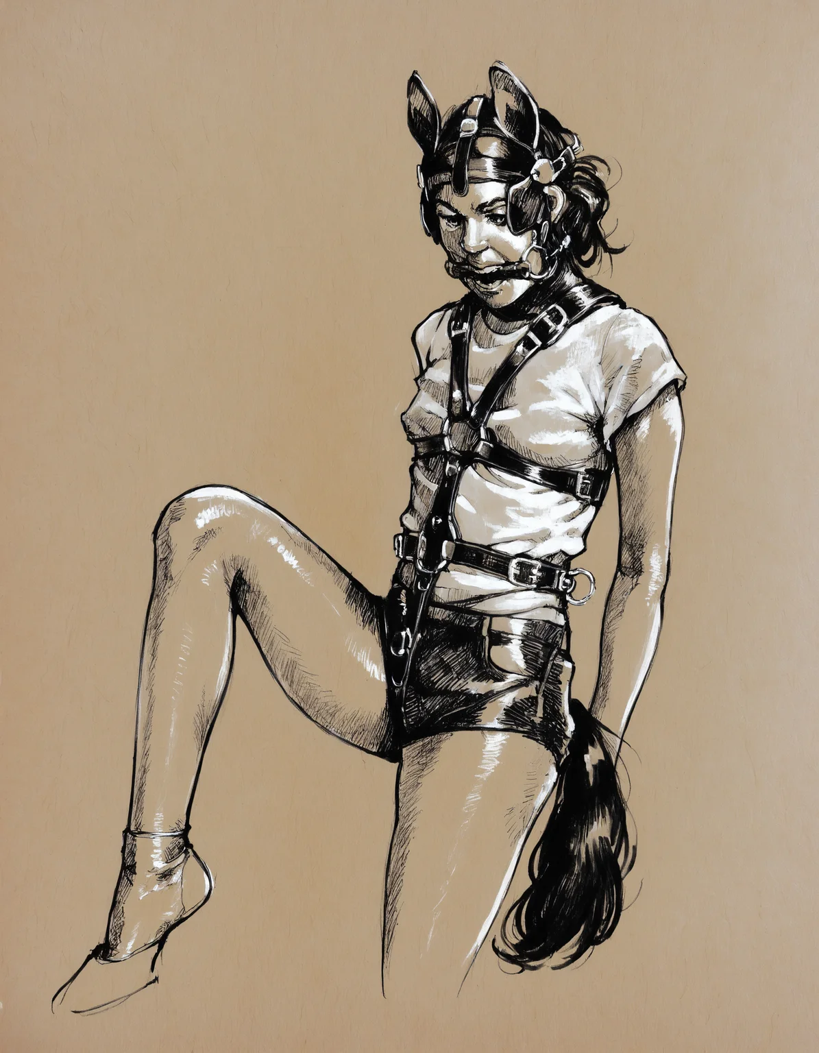 score_9, score_8_up, score_7_up, score_6_up, score_5_up, score_4_up, lineart, sketch, traditional media, beautiful woman in ponyplay outfit, shirt, bit gag, fake animal tail, shorts, fake animal ears, blinders, one leg up, head harness, harness, buckles, arms behind back, (upper body),