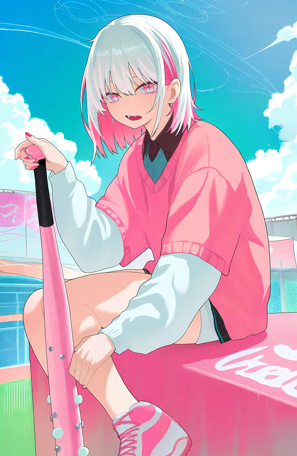 1girl, solo, looking_at_viewer, open_mouth, shirt, long_sleeves, holding, sitting, white_hair, pink_hair, multicolored_hair, shorts, shoes, collared_shirt, sweater, colored_inner_hair, pink_nails, white_shorts, sign, pink_footwear, pink_sweater, baseball_bat, nail, holding_baseball_bat, nail_bat