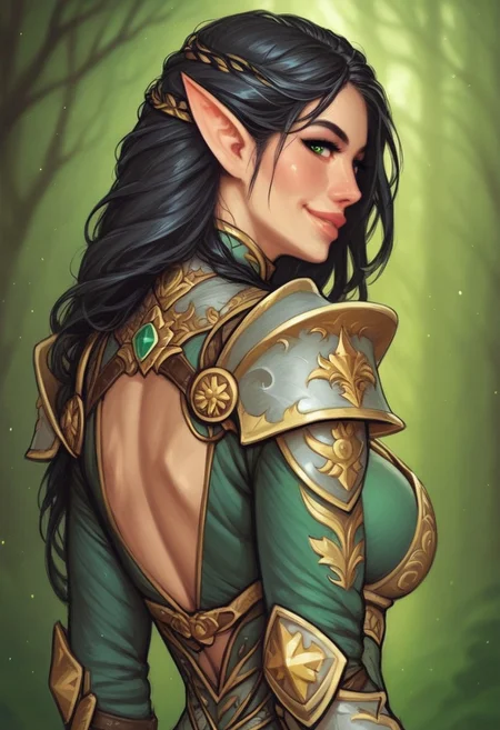 1girl, (((back view))), from front, 1girl, illustration, comic style, highly detailed, skinny, model body, looking at viewer, 1girl, masterpiece, best quality, naestra, solo, pointy ears, black hair, long hair, elf, 1girl, green eyes, half face mask, <lora:Naestra:1.3>, (((dynamic pose)))
BREAK
(((Warhammer Fantasy Battle style)))
((Elven gold Lamellar armor)), green clothes, ((((elven sword in hand)))), dynamic pose, ready to fight
BREAK
slight smile, looking at viewer
long hair, black hair, big hair, green eyes
best quality, depth of field, bokeh, (((full clothed))), dynamic pose
BREAK
(wild forest:1.2) score_9, score_8_up, score_7_up, score_6_up, source_cartoon, rating_explicit, Expressiveh, ((((upper body))))), dynamic pose, dynamic pose