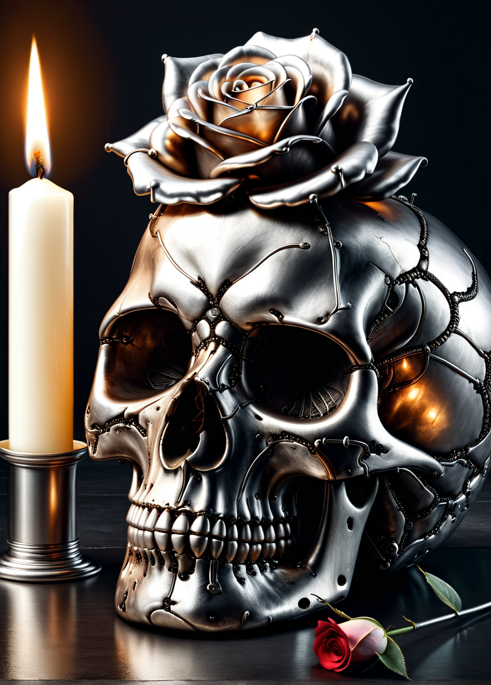 ais-sldr a still life of a candlelit skull and a blooming rose <lora:ais-sldr-sdxl:1>
