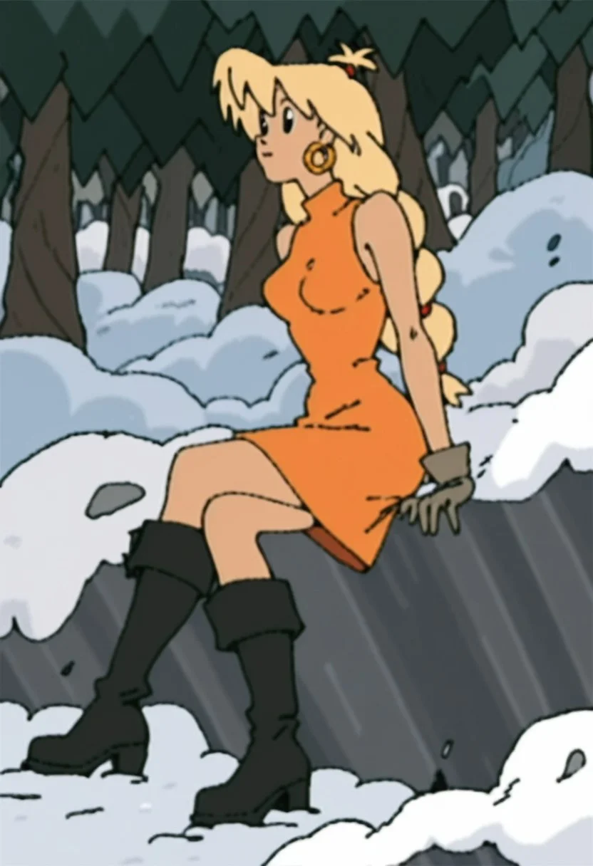 score_9, score_8_up, score_7_up, score_6 
woman, tiffany, kangoo,detailed eyes, detailed face, (retro artstyle, 1990s \(style\), flat color, toon \(style\)),1girl, female, dress, solo, female,black eyes, breasts, outdoors, red dress, snow, tree, signature, medium breasts, sleeveless dress, boots, black footwear, sleeveless, orange dress, closed mouth, bare shoulders, full body, body, alternate hair length, long hair, alternate hairstyle, arm support, gloves, sitting,blonde hair
