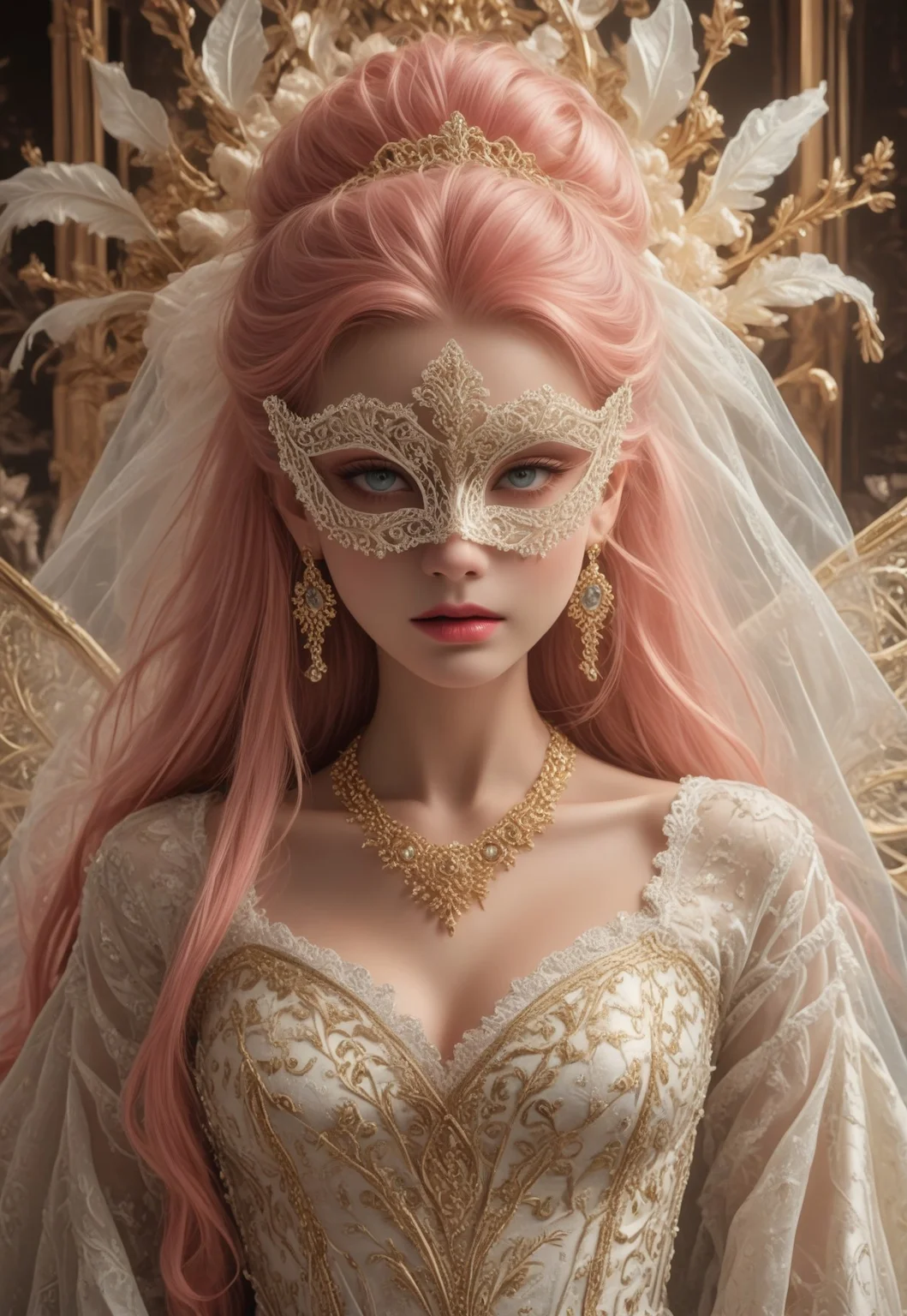 safe_pos, pmg style, score_9, score_8_up, score_7_up, score_6_up,
pink hair, ((very long hair:1.4)), ((white puppet:1.2)), ((white lace mask:1.3)), gold pattern mask, (slender:1.2), glowing transparent wings, wings on back, huge fractal patterned wings, slender, beautiful breasts, white shining dress, see-through shawl, fancy shawl, full of gold ornaments dress, tiara, extravagant jeweled necklace, crazy extravagant, excessive glittering decorations on dress, complicated patterned dress, flowers, long earrings, glitters on dress, jewelry, layered dress, complicated patterned dress, excessive extravagant ornaments,