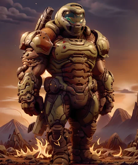 <lora:Doom_Slayer:0.8> doom_slayer, standing, looking at viewer, armor, long pants, mountain, helmet