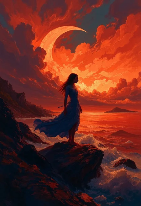 A breathtaking, cinematic photograph of a solitary woman standing on jagged rocks at the water's edge, silhouetted against a vibrant sky ablaze with fiery reds and oranges, streaked with soft, swirling clouds and a glowing crescent moon. Her flowing dress moves gently in the wind, her arms outstretched in an evocative gesture of longing and connection. The dramatic lighting intensifies the contrast between the blazing warmth of the sky and the deep, shadowy blues of the rocks and water, adding depth and heightened emotion to the scene. Bold rim lighting bathes her silhouette in a fiery glow, emphasizing her presence and creating striking separation from the vivid background. The water reflects the intense hues of the sky, shimmering with molten tones that draw the viewer’s eye toward the horizon. In the background, faint outlines of distant rocks and trees add texture and mystery, completing this surreal yet emotionally charged visual narrative. Conceptual, cinematic, vibrant. vantablack DB4RZ DB4RZ style painting