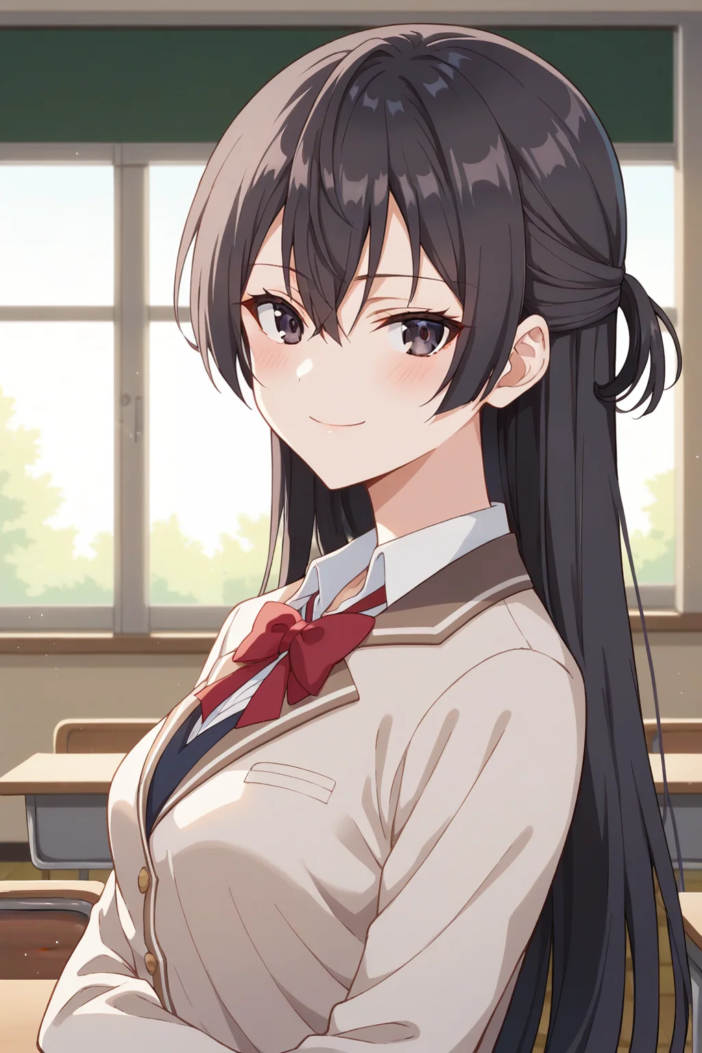 score_9, score_8_up, score_7_up, source_anime, 1girl, prefect lighting, very aesthetic, intricate details, highly detailed background, masterpiece, high quality, prefect hands, best quality, solo,
<lora:Yuki_Suou_ASHHFIR_V1:.85>, KJOyuki, black hair, dark eyes, long hair, hair between eyes, half updo,
school uniform,
portrait, smug, looking at viewer, head tilt, blush, ::3,
classroom, desks, sliding doors,
(Beautiful, medium Breasts:1.2), natural breasts,