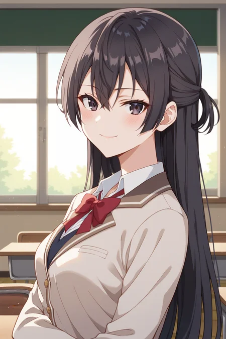 score_9, score_8_up, score_7_up, source_anime, 1girl, prefect lighting, very aesthetic, intricate details, highly detailed background, masterpiece, high quality, prefect hands, best quality, solo,
<lora:Yuki_Suou_ASHHFIR_V1:.85>, KJOyuki, black hair, dark eyes, long hair, hair between eyes, half updo,
school uniform,
portrait, smug, looking at viewer, head tilt, blush, ::3,
classroom, desks, sliding doors,
(Beautiful, medium Breasts:1.2), natural breasts,